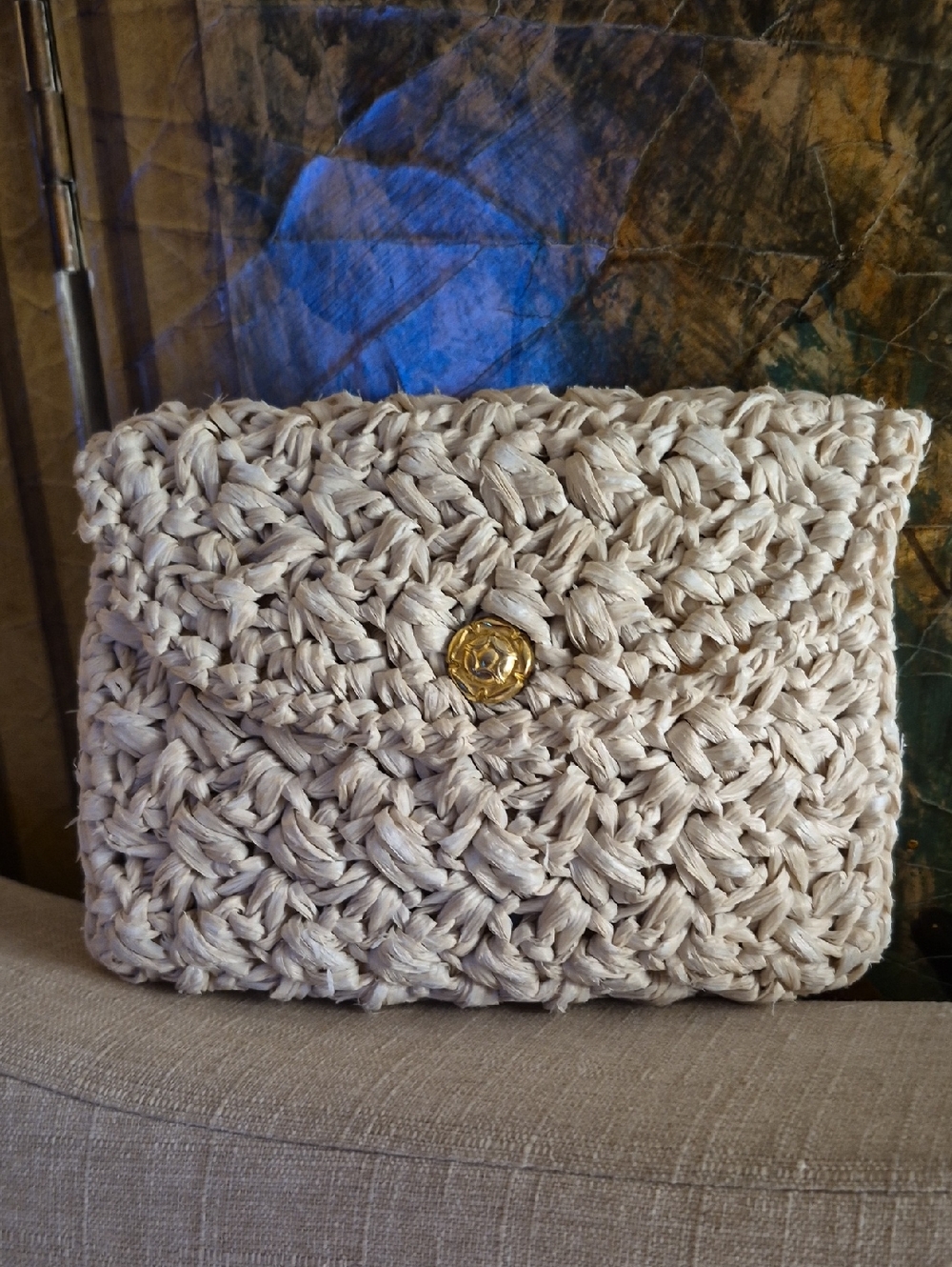 Vintage MCM Franklin Simon Woven Raffia Beige Crochet Clutch Purse Italy